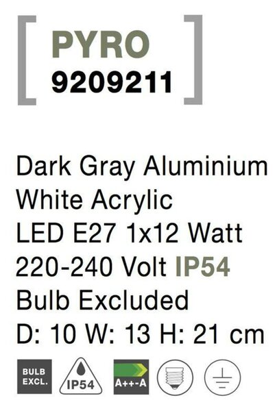 NOVA LUCE venkovní nástěnné svítidlo PYRO tmavě šedý hliník bílý akryl E27 1x12W 220-240V IP54 bez žárovky 9209211