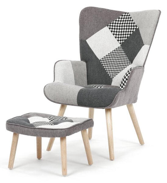 Relaxační křeslo ušák LISA + taburet — masiv, látka, černobílý patchwork