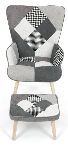 Relaxační křeslo ušák LISA + taburet — masiv, látka, černobílý patchwork