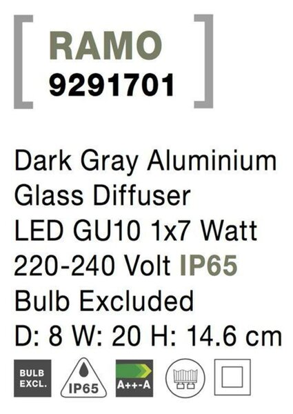 NOVA LUCE venkovní nástěnné svítidlo RAMO tmavě šedý hliník skleněný difuzor GU10 1x7W 220-240V IP65 bez žárovky 9291701