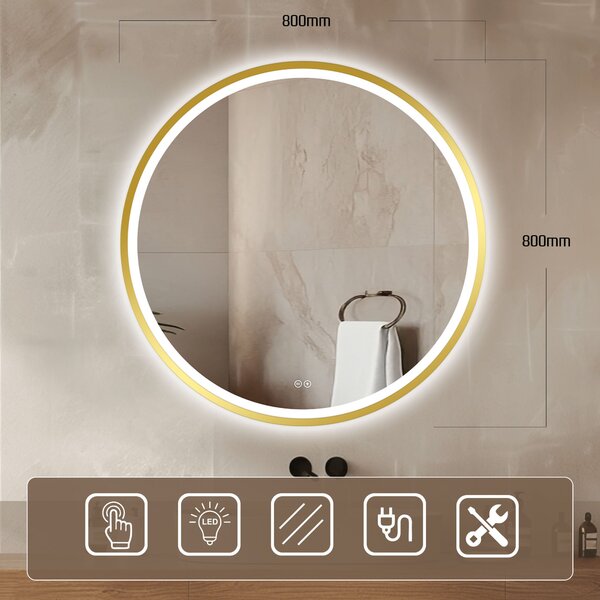 Venti Orion Gold zrcadlo 80x80 cm kulatý s osvětlením s vyhřívací podložkou zlatá 5905951180311