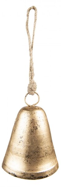 Zlatý retro kovový zvonek na jutovém provázku – 10x6x13 cm