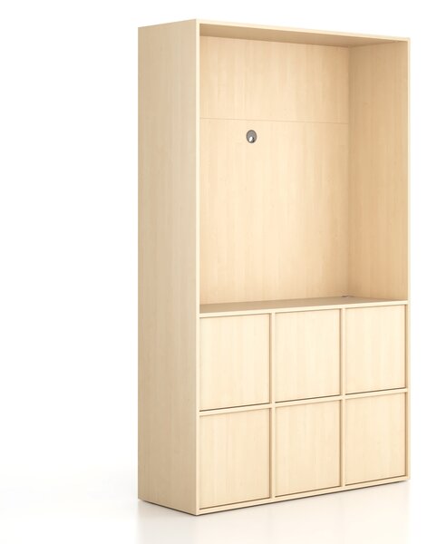 Kancelářská skříň FRAME, 6x dveře, prostor pro TV, 1299 x 450 x 2162 mm, PUSH-lock, bříza