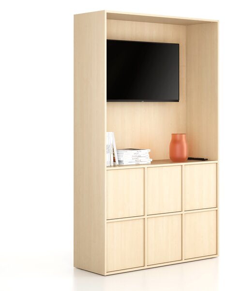 Kancelářská skříň FRAME, 6x dveře, prostor pro TV, 1299 x 450 x 2162 mm, PUSH-lock, bříza