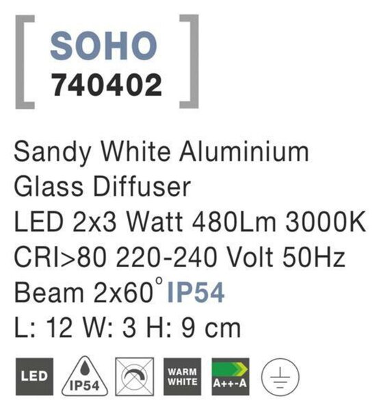 NOVA LUCE venkovní nástěnné svítidlo SOHO bílý hliník skleněný difuzor LED 2x3W 3000K 220-240V 2x60st. IP54 světlo nahoru a dolů 740402