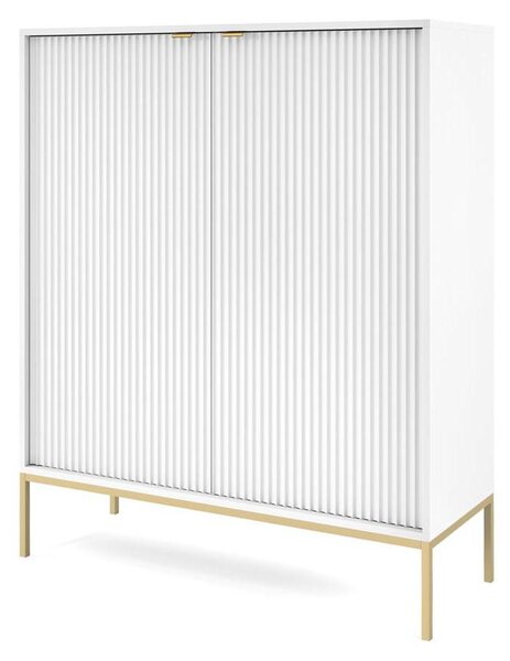 Bílá komoda, moderní design, s reliéfním vzorem, rozměry 104 cm, vhodná do obývacího pokoje nebo ložnice