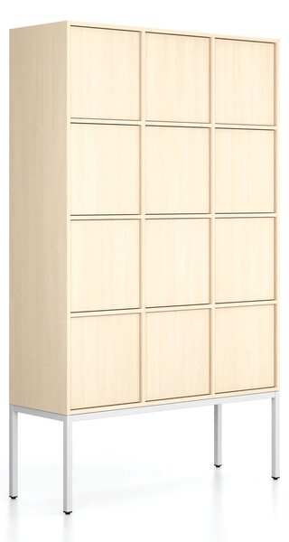 Kancelářská skříň FRAME, bílá podnož, 12x dveře, 1299 x 450 x 2185 mm, PUSH-lock, bříza