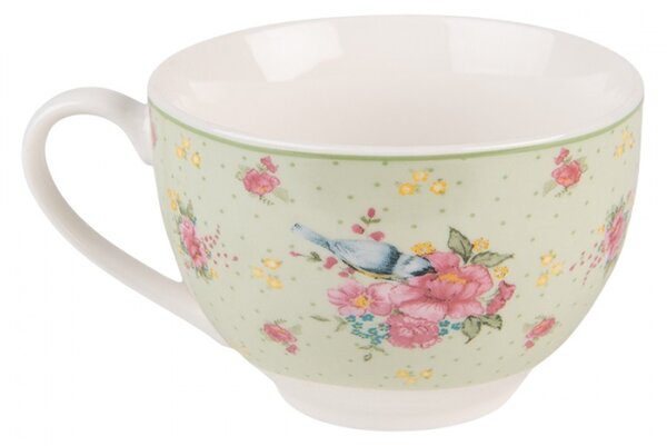 Zelený porcelánovýšálek s podšálkem s květy a ptáčkem Cheerful Birdie – 12x9x6 cm