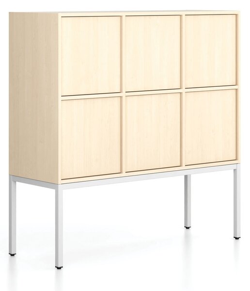 Kancelářská skříň FRAME, nízká, bílá podnož, 6x dveře, 1299 x 450 x 1331 mm, PUSH-lock, bříza