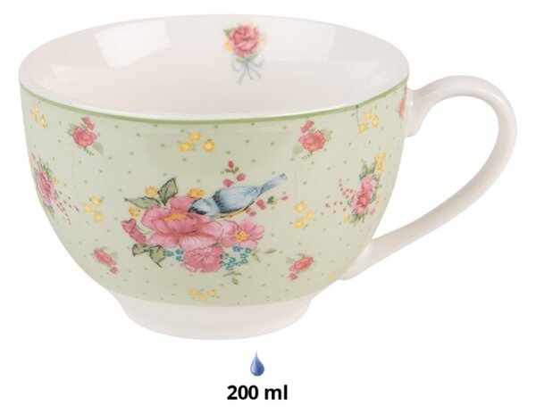 Zelený porcelánovýšálek s podšálkem s květy a ptáčkem Cheerful Birdie – 12x9x6 cm