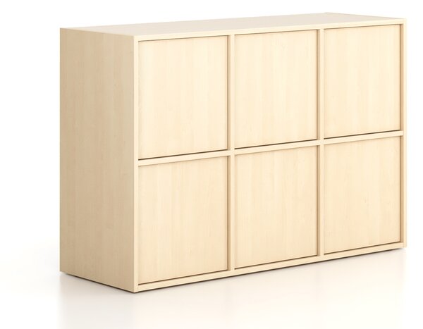 Kancelářská skříň FRAME, nízká, 6x dveře, 1299 x 450 x 881 mm, PUSH-lock, bříza