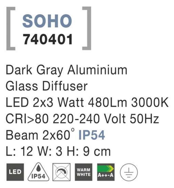 NOVA LUCE venkovní nástěnné svítidlo SOHO tmavě šedý hliník skleněný difuzor LED 2x3W 3000K 220-240V 2x60st. IP54 světlo nahoru a dolů 740401