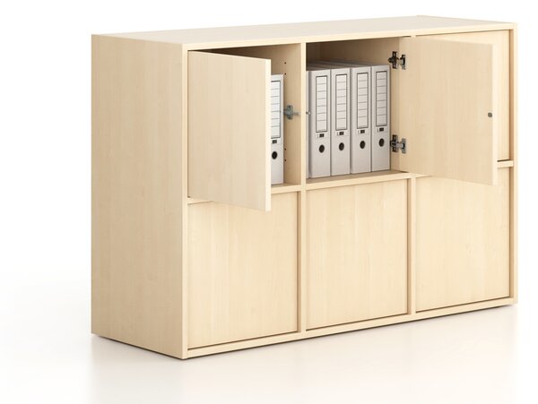 Kancelářská skříň FRAME, nízká, 6x dveře, 1299 x 450 x 881 mm, PUSH-lock, bříza