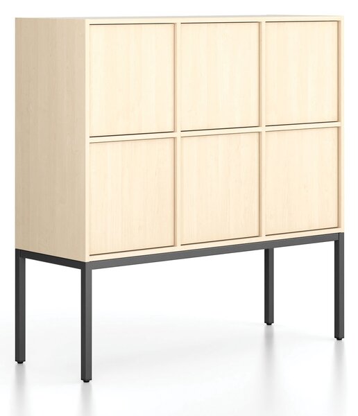 Kancelářská skříň FRAME, nízká, černá podnož, 6x dveře, 1299 x 450 x 1331 mm, PUSH-lock, bříza