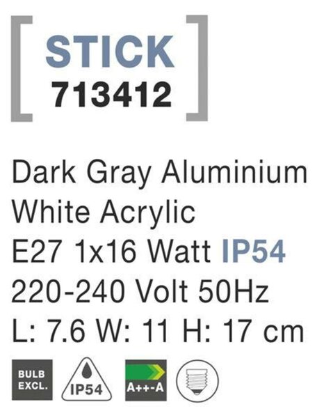 NOVA LUCE venkovní nástěnné svítidlo STICK tmavě šedý hliník bílý akryl E27 1x12W 220-240V IP54 bez žárovky 713412