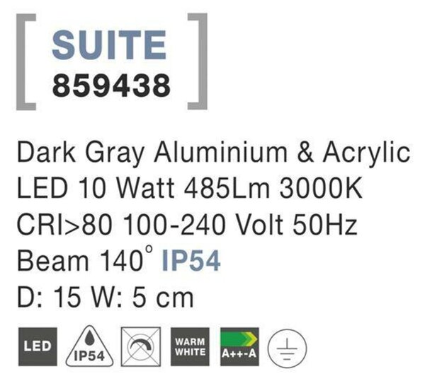 NOVA LUCE venkovní nástěnné svítidlo SUITE tmavě šedý hliník a akryl LED 10W 3000K 100-240V 140st. IP54 859438