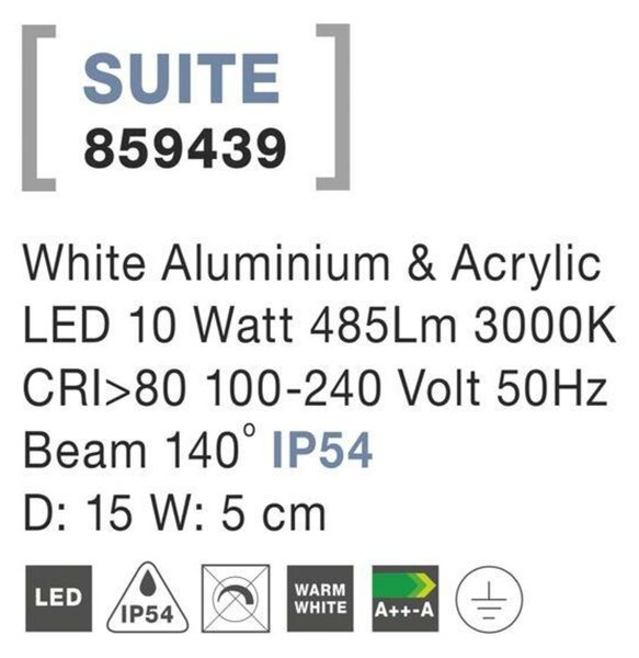 NOVA LUCE venkovní nástěnné svítidlo SUITE bílý hliník a akryl LED 10W 3000K 100-240V 140st. IP54 859439