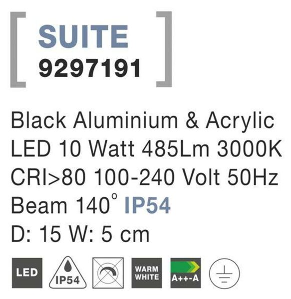NOVA LUCE venkovní nástěnné svítidlo SUITE černý hliník a akryl LED 10W 3000K 100-240V 140st. IP54 9297191