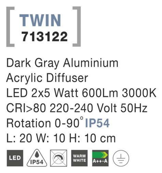 NOVA LUCE venkovní nástěnné svítidlo TWIN tmavě šedý hliník akrylový difuzor LED 2x5W 3000K 220-240V rotační 0-90st. IP54 713122