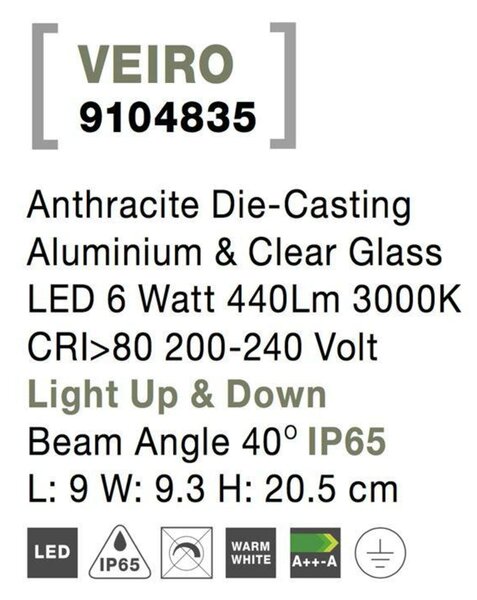 NOVA LUCE venkovní nástěnné svítidlo VEIRO antracitový hliník a čiré sklo LED 6W 3000K 200-240V IP65 světlo nahoru a dolů 40st. 9104835