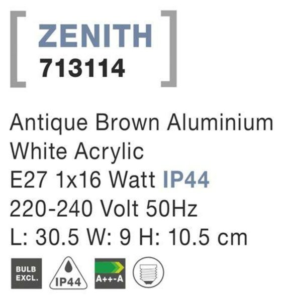 NOVA LUCE venkovní nástěnné svítidlo ZENITH antický hnědý hliník bílý akrylový difuzor E27 1x12W 220-240V bez žárovky IP44 713114