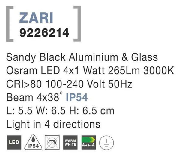NOVA LUCE venkovní nástěnné svítidlo ZARI černý hliník a sklo Osram LED 4x1W 3000K 100-240V 4x38st. IP54 světlo ve čtyřech směrech 9226214