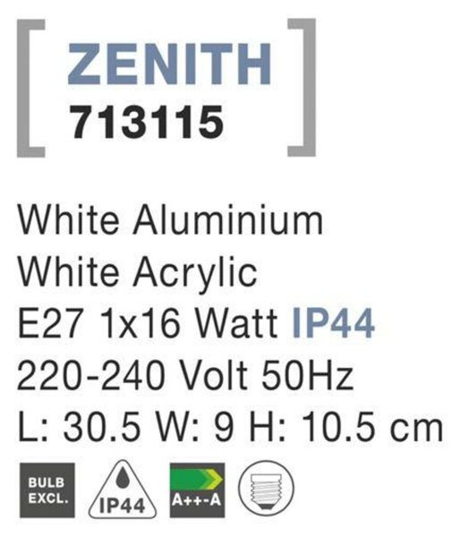 NOVA LUCE venkovní nástěnné svítidlo ZENITH bílý hliník bílý akrylový difuzor E27 1x12W 220-240V bez žárovky IP44 713115