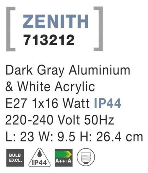 NOVA LUCE venkovní nástěnné svítidlo ZENITH tmavě šedý hliník bílý akrylový difuzor E27 1x12W 220-240V bez žárovky IP44 713212
