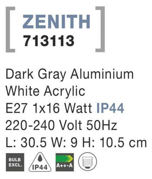 NOVA LUCE venkovní nástěnné svítidlo ZENITH tmavě šedý hliník bílý akrylový difuzor E27 1x12W 220-240V bez žárovky IP44 713113