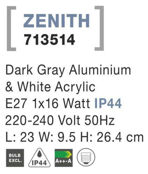 NOVA LUCE venkovní nástěnné svítidlo ZENITH tmavě šedý hliník bílý akrylový difuzor E27 1x12W 220-240V bez žárovky IP44 713514
