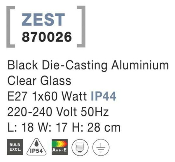 NOVA LUCE venkovní nástěnné svítidlo ZEST černý litý hliník čiré sklo E27 1x12W 220-240V IP54 bez žárovky 870026