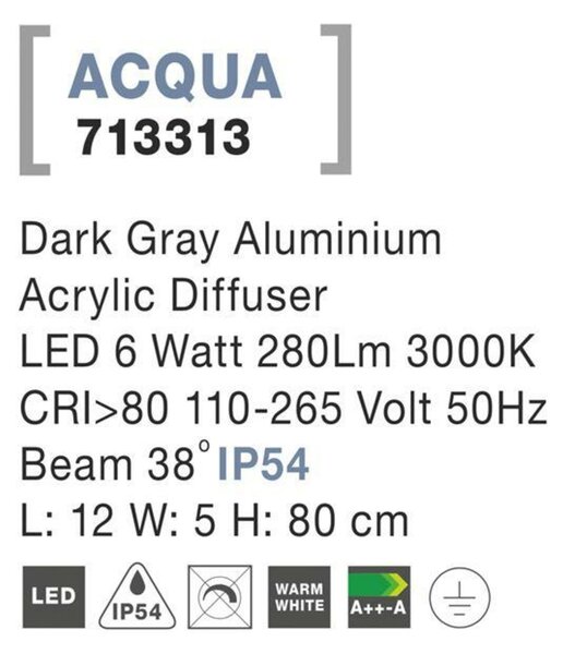 NOVA LUCE venkovní sloupkové svítidlo ACQUA tmavě šedý hliník akrylový difuzor LED 5W 3000K 110-265V 38st. IP54 713313
