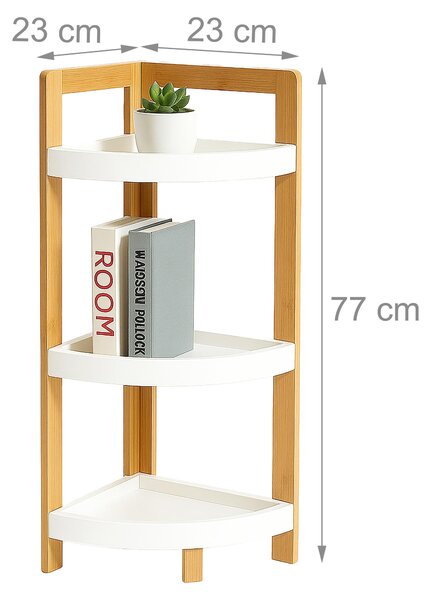 Relaxdays Rohová police z bambusu, 3 půlkruhové police, rozměry: 77 x 23 x 23 cm, stojací police do koupelny a kuchyně, úspora místa, přírodní/bílá