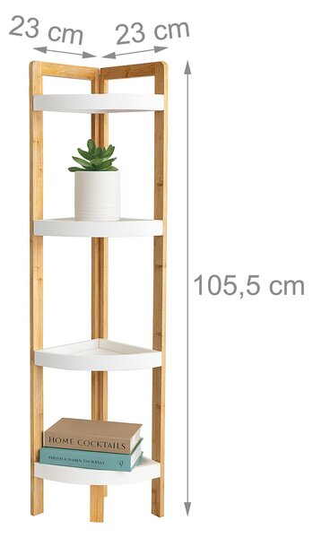 Relaxdays Rohová polička z bambusu, 4 půlkruhové police, rozměry: 105,5 x 23 x 23 cm, stojací polička do koupelny a kuchyně, úspora místa, přírodní/bílá