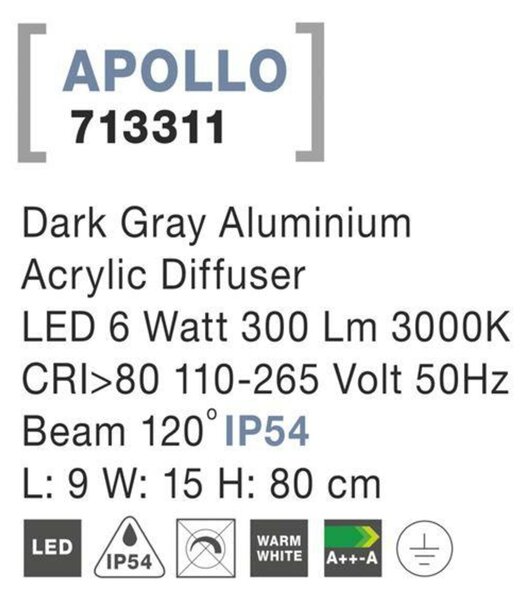 NOVA LUCE venkovní sloupkové svítidlo APOLLO tmavě šedý hliník akrylový difuzor LED 5W 3000K 110-265V 120st. IP54 713311