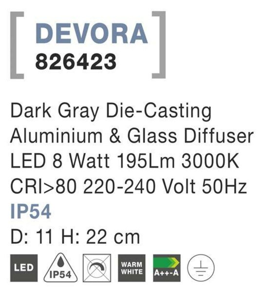NOVA LUCE venkovní sloupkové svítidlo DEVORA tmavě šedý hliník a skleněný difuzor LED 8W 3000K 220-240V IP54 826423