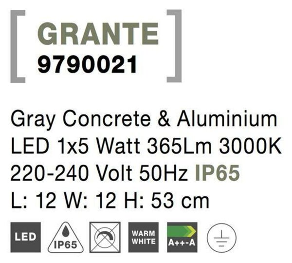 NOVA LUCE venkovní sloupkové svítidlo GRANTE šedý beton a hliník LED 5W 3000K 220-240V IP65 9790021