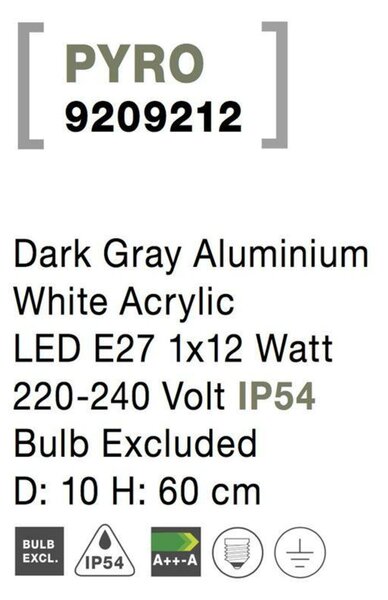 NOVA LUCE venkovní sloupkové svítidlo PYRO tmavě šedý hliník bílý akryl E27 1x12W 220-240V IP54 bez žárovky 9209212