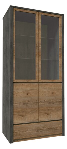 Vitrína, dub lefkas tmavý/smooth šedý, MONTANA W2D, 90 x 43 x 197 cm,, dub, dřevotříska