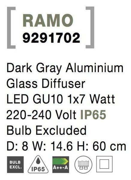 NOVA LUCE venkovní sloupkové svítidlo RAMO tmavě šedý hliník skleněný difuzor GU10 1x7W 220-240V IP65 bez žárovky 9291702