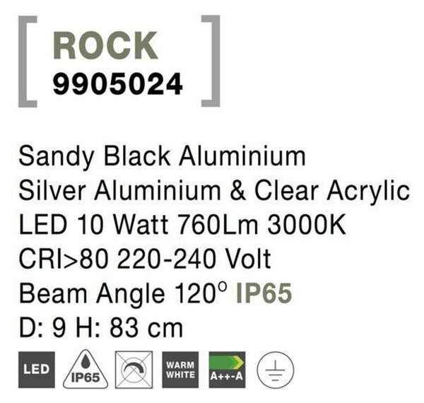 NOVA LUCE venkovní sloupkové svítidlo ROCK černý hliník stříbrný hliník a čirý akryl LED 8W 3000K 220-240V 120st. IP65 9905024