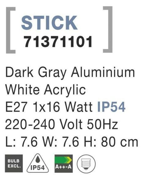 NOVA LUCE venkovní sloupkové svítidlo STICK tmavě šedý hliník bílý akryl E27 1x12W 220-240V IP54 bez žárovky 71371101