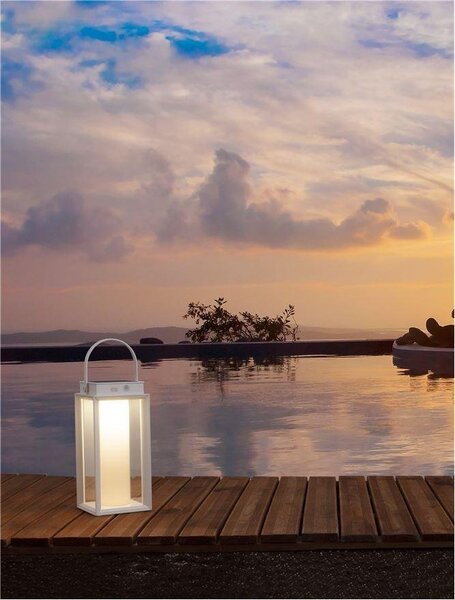 NV 9002861 Venkovní stolní lampa VERHAAL bílý hliník a čiré sklo LED 2W 3000K 3,7V 360st. IP54 solární / USB kabel / vypínač na těle - NOVA LUCE
