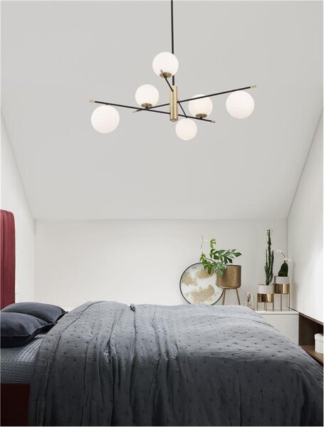 Nova Luce Závěsné svítidlo GITCHI matná černá a zlatý kov opálové sklo G9 6x5W