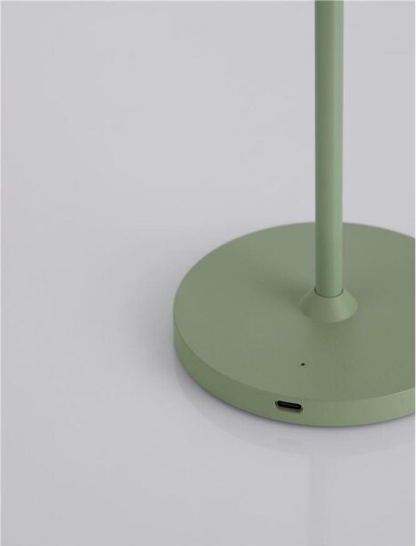 NOVA LUCE venkovní stolní lampa SEINA olivově zelený hliník a akryl LED 2W 2700K 5V DC IP54 vypínač na těle nabíjecí s PG základnou nebo USB C kabelem 9223405