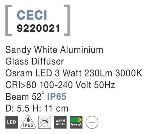 NOVA LUCE venkovní stropní svítidlo CECI bílý hliník skleněný difuzor Osram LED 3W 3000K 100-240V 52st. IP65 9220021