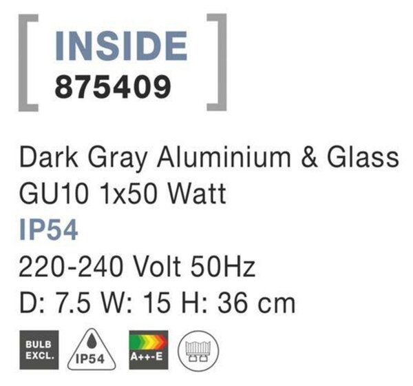 NOVA LUCE venkovní svítidlo s bodcem INSIDE tmavě šedý hliník a sklo GU10 1x7W 220-240V IP54 bez žárovky 875409