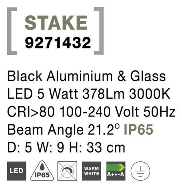 NOVA LUCE venkovní svítidlo s bodcem STAKE černý hliník a sklo LED 5W 3000K 100-240V 21st. IP65 9271432