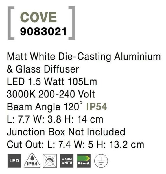 NOVA LUCE venkovní zapuštěné svítidlo do zdi COVE matný bílý litý hliník a skleněný difuzor LED 1.5W 3000K 200-240V 120st. IP54 9083021