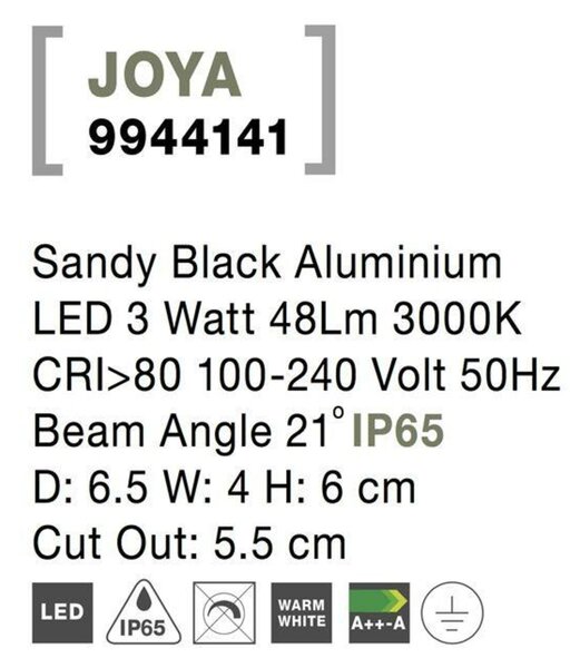 NOVA LUCE venkovní zapuštěné svítidlo do zdi JOYA černý hliník LED 3W 3000K 100-240V 21st. IP65 9944141